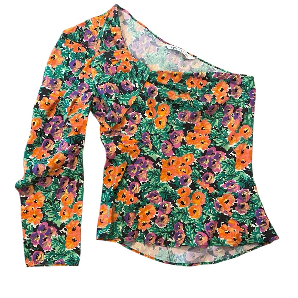 Zara Colorful Floral One-Shoulder Blouse